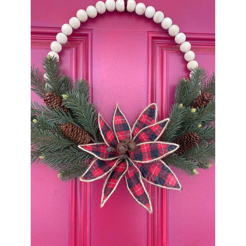 Plaid Christmas Beaded Wreath, Holiday Beaded Plaid Wreath, Bells, Pinecones